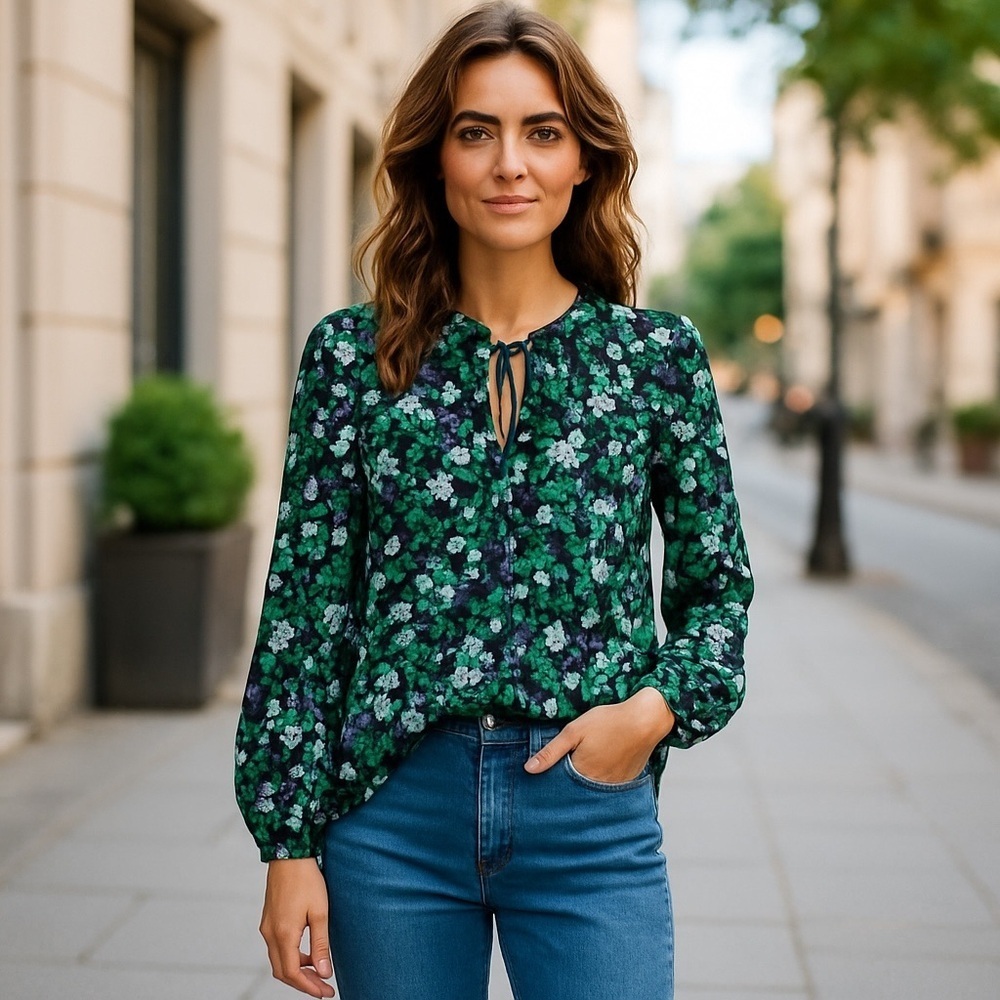 LOFT Tie Neck Floral Blouse | Size XS | Black Purple Green